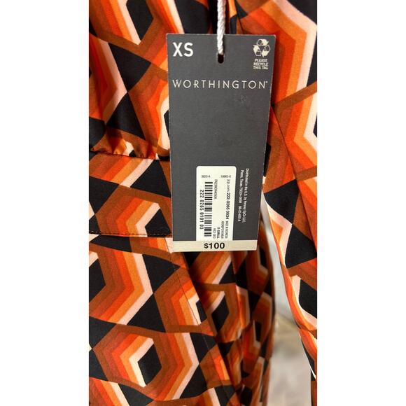 Worthington Women's Sz XS Orange Geometric Print Tie Neck Satin Midi Dress #0561 - Picture 7 of 13